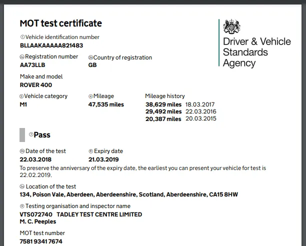 MOT Test Certificate Example